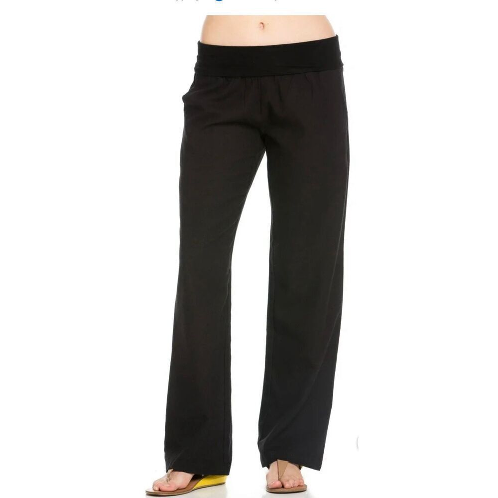 Poplooks Women’s S Black Comfy Fold Over Linen Pants NWT